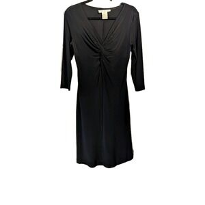 Bodycon Womens 6 Black 3/4 Sleeve Gathered Fit Flare V- Neck Dress Evan Picone